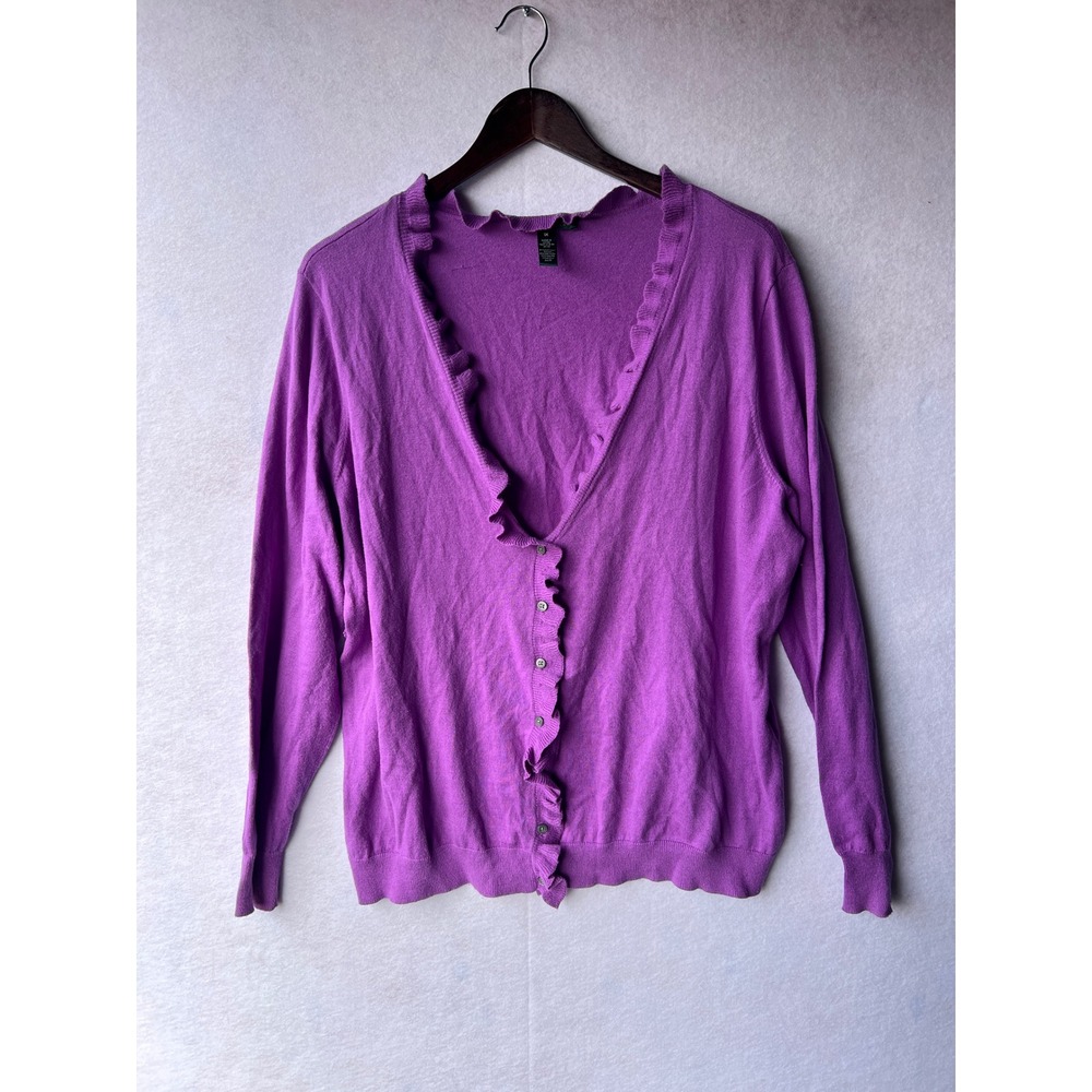 Lauren Ralph Lauren Purple Ruffle V-Neck Cotton Cashmere Cardigan Sweater 1X